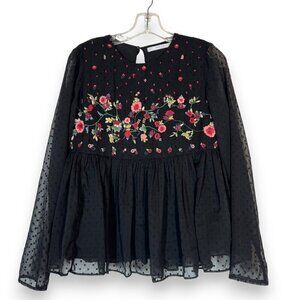 Zara Top Embroidered Blouse Black Floral Print Small